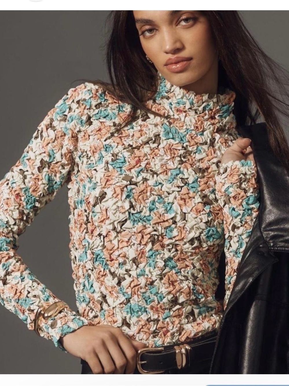 Anthropologie Dolan Printed Floral Pebble Smocked Turtleneck Blouse Size Small